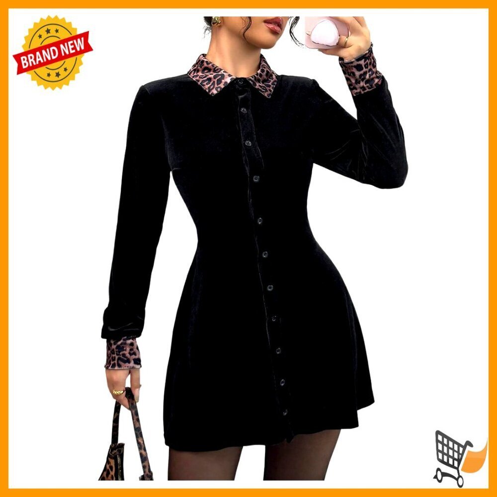 Velvet Leopard Print Long Sleeve Button Down A Line Ruffle Mini Dress
